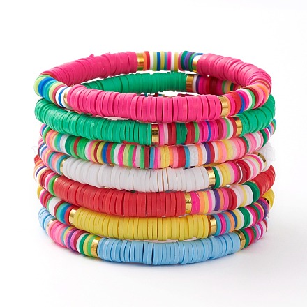 7Pcs Rainbow Polymer Clay Heishi Beads Stretch Bracelets Set X-BJEW-JB05882-1