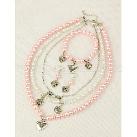 Glass Pearl Jewelry Sets for Valentine's Day: Necklaces & Stretchy Bracelets & Earrings SJEW-JS00425-04-1