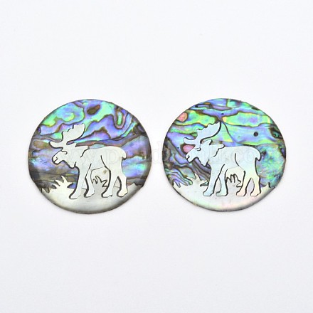 Abalone Shell/Paua ShellFlat Round with Christmas Reindeer/Stag Cabochons SSHEL-E551-21-1