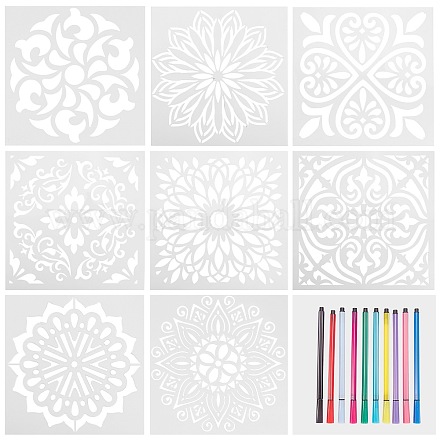 8個のプラスチック製の描画ステンシル  DIY スクラップブッキング用のマンダラ テンプレート  花柄の長方形と1袋の水彩ペン  ホワイト  150~300x150~300x0.3mm DIY-SZ0005-77-1