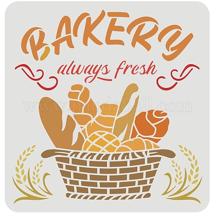 FINGERINSPIRE Bakery Stencil Bread Basket Stencil 30x30cm Reusable French Bakery Painting Stencil PET Wheat Ears Craft Stencils Wall Tile Decoration with Letters of BAKERY always fresh DIY-WH0172-955-1