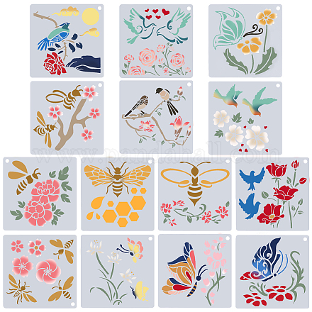 GORGECRAFT 14 Styles Large Flower Bird Drawing Stencils Bee Butterfly Template Summer Plant Painting Reusable Plastic Spray Paint Stencil Painting on Wood Wall DIY Craft Painting Home Decor DIY-GF0007-44-1