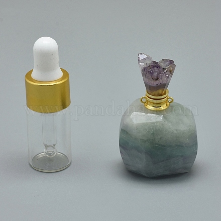 天然蛍石開閉式香水瓶ペンダント  真鍮のパーツとガラスのエッセンシャルオイルのボトル  39~50x26~29x16~21mm  穴：1.2mm  ガラス瓶容量：3ml（0.101液量オンス）  宝石の容量：1ml（0.03液量オンス） G-E556-20A-1