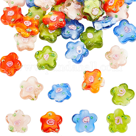 DICOSMETIC 32Pcs 4 Colors Flower Glass Beads Lampwork Loose Beads Yellow Green/Blossom Beads/Orange Red/Royal Blue/Sandy Brown Blossom Beads Flat Beads for Jewelry Making DIY Craft LAMP-DC0001-08-1