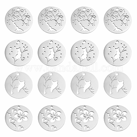 DICOSMETIC 24Pcs 4 Style Stainless Steel Flat Round Pendants 1.5mm Hole Hollow Cat/Flower/Cherry Tree/Owl Dangle Charms Scenery Animal Pendants for Jewelry Making STAS-DC0006-74-1