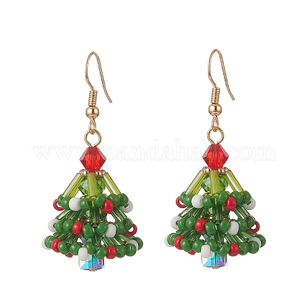 Boucles d'oreilles pendantes arbre tressé en perles de verre sur le thème de Noël EJEW-TA00212-1