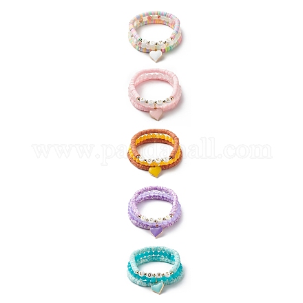 3Pcs 3 Style Natural Gemstone & Acrylic Word Love Beaded Stretch Bracelets Set with Alloy Enamel Heart Charms BJEW-JB08924-1