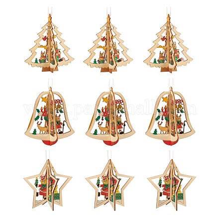 9pcs 3 estilos de adornos navideños de madera de formas mixtas DIY-SZ0003-41-1