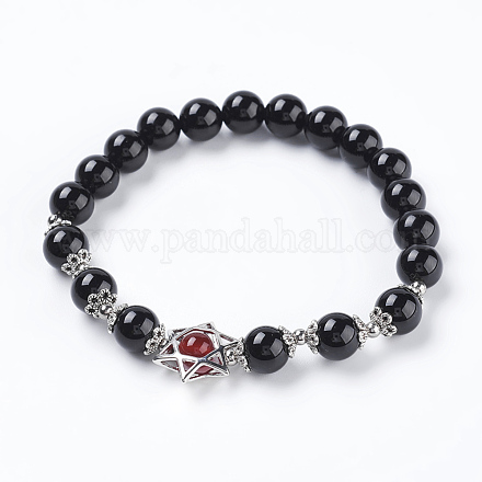 Natural Carnelian and Natural Black Agate Beads Stretch Bracelets BJEW-G600-05K-1