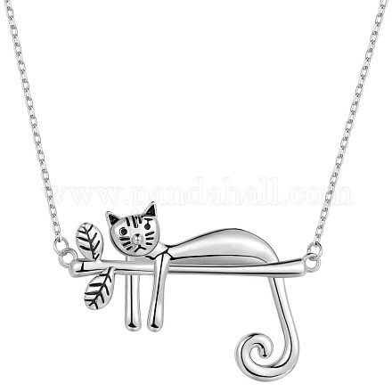 Collar con colgante de gato en rama de plata de ley chapada en rodio para mujer JN1046A-1