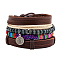 Multi-strand Bracelets, Stackable Bracelets, with Imitation Leather, Waxed Cotton Cord, Wooden Bead and Hemp Rope, Antique Silver, Coconut Brown, Inner Diameter: 2.36 inch(6cm), about 4pcs/set
