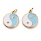 Brass Micro Pave Clear Cubic Zirconia Pendants, with Enamel & Jump Rings, Flat Round with Yin Yang, Golden, Light Sky Blue, 15x12.5x2mm, Jump Ring: 5x1mm, 3mm Inner Diameter