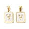 Ion Plating(IP) 304 Stainless Steel Pave Shell Pendants, Rectangle Charm, Real 18K Gold Plated, Letter V, 17.5x12x1.5mm, Hole: 3x5mm