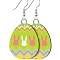 Printed Easter Acrylic Dangle Earrings, Egg with Pattern, Platinum, Yellow Green, 50mm
