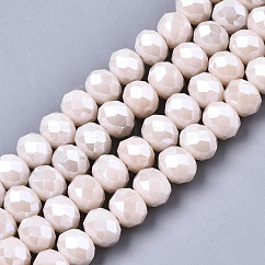 Abalorios de vidrio electroplate hebras, lustre de la perla chapado, facetados, rerondana plana, rosa brumosa, 4x3mm, agujero: 0.8~1 mm, aproximamente 105~110 pcs / cadena, 38~39 cm