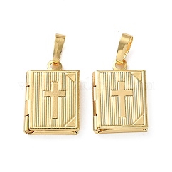 Ciondoli medaglione in ottone, rettangolo con ciondoli a croce, vero placcato oro 18k, 17.5x11.5x3mm, Foro: 3.5 mm