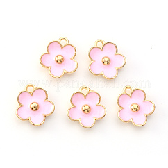 Colgantes de esmalte de aleación chapados en oro claro, flor, rosa perla, 13x11.5x3mm, agujero: 1.6 mm