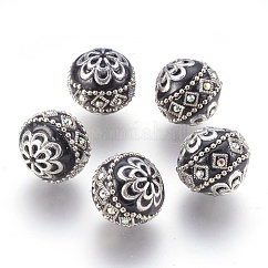 Manuell Indonesiene Perlen, mit Metall-Zubehör, Runde, Antik Silber Farbe, Schwarz, 19.5x19 mm, Bohrung: 1 mm