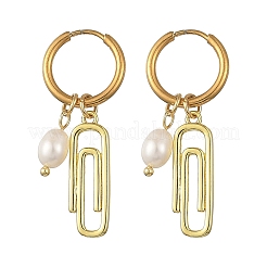 Boucles d'oreilles créoles en laiton avec perles de culture d'eau douce naturelles&nbsp;EJEW-JE07384