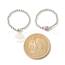 2 pièce 2 styles de bagues en perles d'améthyste lavande naturelle et d'hématite synthétique avec breloques en laiton en forme d'arbre de vie&nbsp;RJEW-JR00474-04