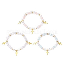 3 bracelet extensible en perles d'imitation en plastique ABS de 3 couleurs&nbsp;BJEW-JB11778
