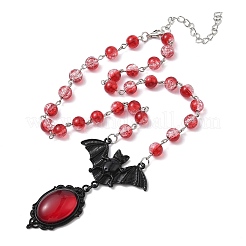 Legierung rotem Glas Fledermaus Anhänger runde Glas Link Halsketten für Halloween&nbsp;NJEW-H075-02PEB