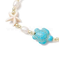 Braccialetti da donna con perline sintetiche di turchese a forma di tartaruga e stella marina e perle naturali d'acqua dolce coltivate.&nbsp;BJEW-JB12046