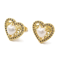 Orecchini a bottone con perle finte abs a forma di cuore&nbsp;EJEW-K289-01G