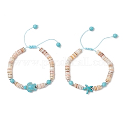2 bracciale di perline intrecciate in conchiglia d'acqua dolce naturale a forma di stella marina e tartaruga&nbsp;BJEW-JB11919-01