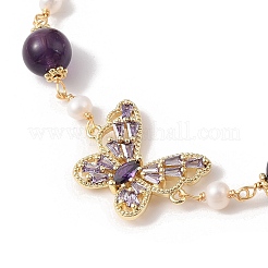 Verstellbare runde Schiebearmbänder aus natürlichem Amethyst und Naturperlen&nbsp;BJEW-C068-07G