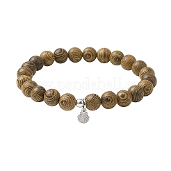 Bracelet extensible en perles rondes en bois naturel avec breloques en acier inoxydable 304&nbsp;BJEW-JB10164