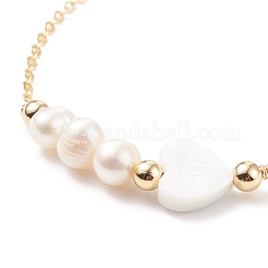 Perla naturale e braccialetto a maglie con cuore di conchiglia e malocchio con catene in ottone da donna&nbsp;BJEW-JB08329-02
