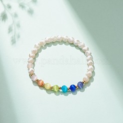Bracciale elasticizzato con perline rotonde in agata naturale e occhio di gatto&nbsp;BJEW-JB08365-02
