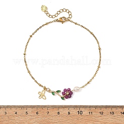 Fußkettchen aus Edelstahl 304 mit natürlicher Rubinperle und Blumenmuster für Damen&nbsp;AJEW-AN00854