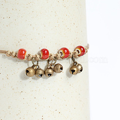 Bracelet de cheville ajustable en cordon ciré avec clochette en alliage et perle en porcelaine&nbsp;FS-WG54FA9-04