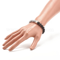 Pulsera elástica con cuentas redondas de roca de lava natural y howlita sintética con huella de aleación&nbsp;BJEW-JB07843
