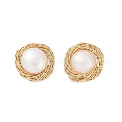 Boucles d'oreilles à tige plates rondes en laiton avec imitation de perles&nbsp;KK-D301-10G