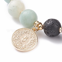 Bracelets élastiques ronds en amazonite et pierre de lave avec une pièce en laiton&nbsp;BJEW-TA00105