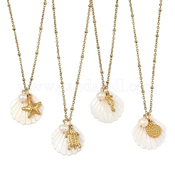 Colliers à pendentif en coquillage blanc sculpté naturel et acier inoxydable 304&nbsp;NJEW-JN06505