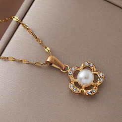 Collares vintage de acero inoxidable 304 con colgante de flor de vidrio y perla de imitación para mujer.&nbsp;BV5494