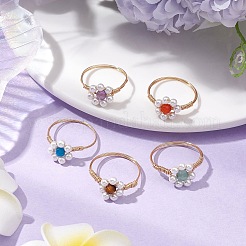Blume natürliche Amethyst & Achat & grün Aventurin & Tigerauge & Apatit & Shell Perle Fingerringe&nbsp;RJEW-JR00780