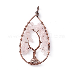 Colgantes grandes con chip envuelto en alambre de cobre de cuarzo rosa natural en forma de lágrima&nbsp;G-E195-11R-01