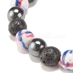 Pierre de lave naturelle et hématite synthétique et jade blanc océan (teint) bracelet extensible perlé rond&nbsp;BJEW-JB07972-01