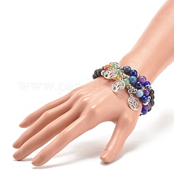 3pcs 3 Stil natürliche Lavagestein & gemischte Stein-Stretch-Armbänder mit Bunte Malerei bösem Blick&nbsp;BJEW-JB08321