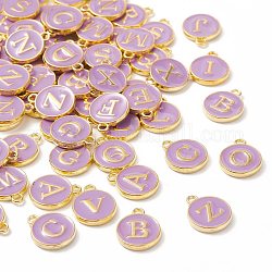 Breloques en émail d'alliage plaqué or, paillettes émaillées, plat rond avec des lettres mélangées aléatoires, violet, 14x12x2mm, Trou: 1.50 mm