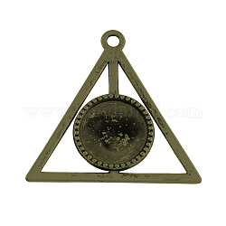 Tibetan Style Alloy Triangle Deathly Hallows Pendant Cabochon Settings, Cadmium Free & Nickel Free & Lead Free, Antique Bronze, Flat Round Tray: 16x16mm, 39x41x2mm, Hole: 3mm