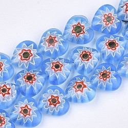 Chapelets de perles vernissées de millefiori manuelles, cœur, bleuet, 12x12x5mm, Trou: 0.8mm, Environ 36 pcs/chapelet, 15.1 pouce