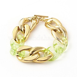 CCB Plastic & Acrylic Curb Chain Bracelets, with 304 Stainless Steel Toggle Clasps, Golden, Yellow Green, 7-1/2 inch(19cm)