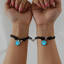Bracelets à breloques en alliage lumineux avec empreinte de patte et cœur magnétique, brillent dans les bracelets de couple réglables sombres pour le meilleur ami amoureux, bleuet, 6-1/4~11-3/4 pouce (16~30 cm)
