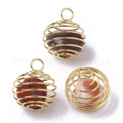 Colgantes de jaula de cuentas en espiral envolventes de hierro, con cuentas de cornalina natural en el interior, redondo, dorado, 21x24~26mm, agujero: 5 mm